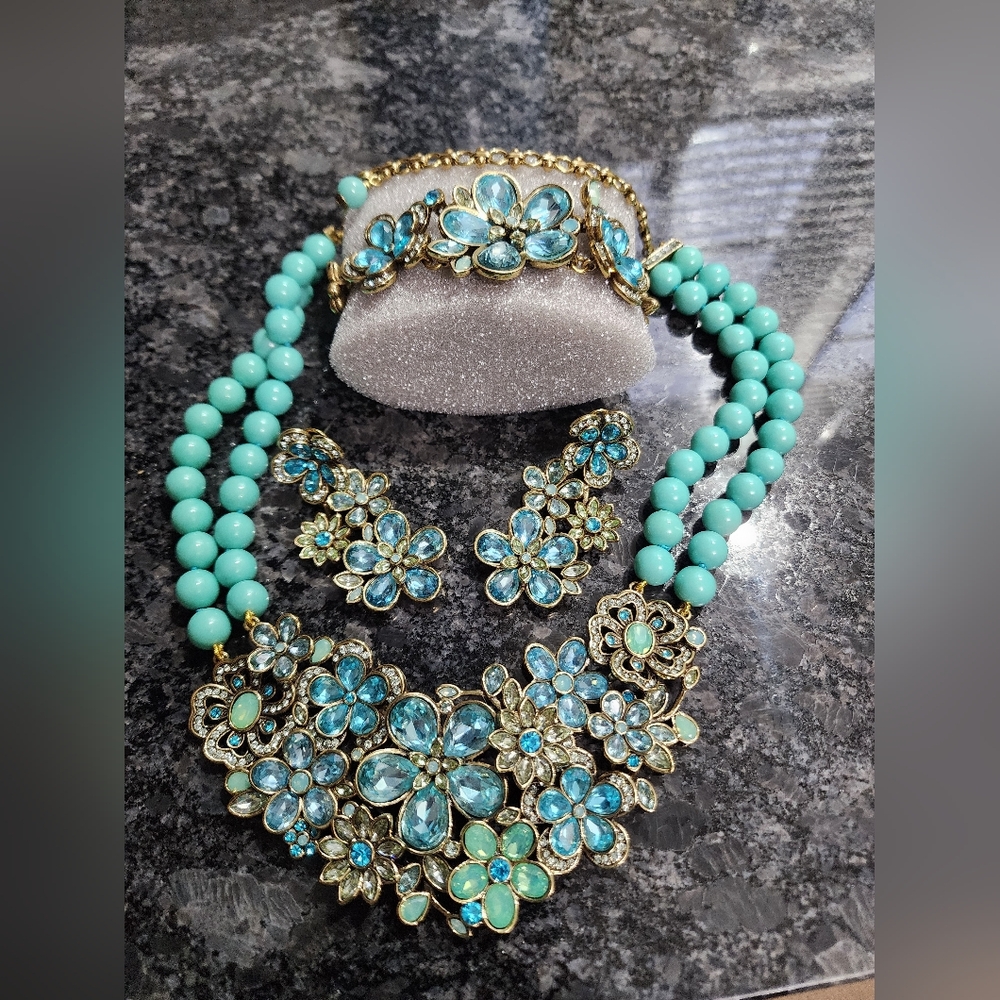 Floral Blue and Gold Jewelry Set By Heidi Daus